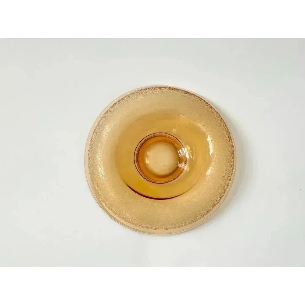 Rolled Edge Lotus Etched Vintage Glass Console Bowl | Depression Glass